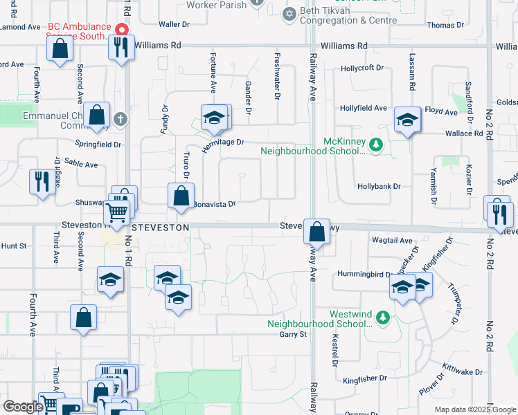 map of restaurants, bars, coffee shops, grocery stores, and more near 4686 Bonavista Drive in Richmond