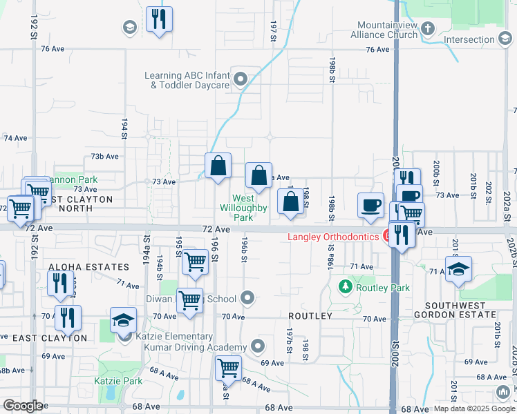 map of restaurants, bars, coffee shops, grocery stores, and more near 34 72B Avenue in Langley City
