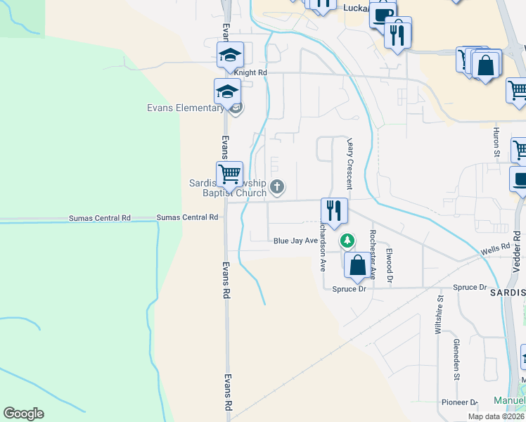 map of restaurants, bars, coffee shops, grocery stores, and more near 7285 Meadowlark Street in Chilliwack