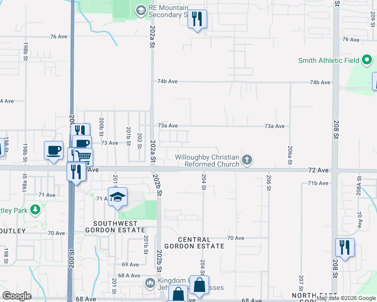 map of restaurants, bars, coffee shops, grocery stores, and more near 20356 72B Avenue in Langley Township