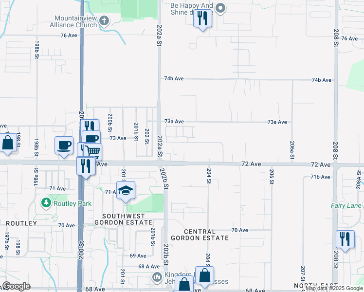 map of restaurants, bars, coffee shops, grocery stores, and more near 20282 72B Avenue in Langley