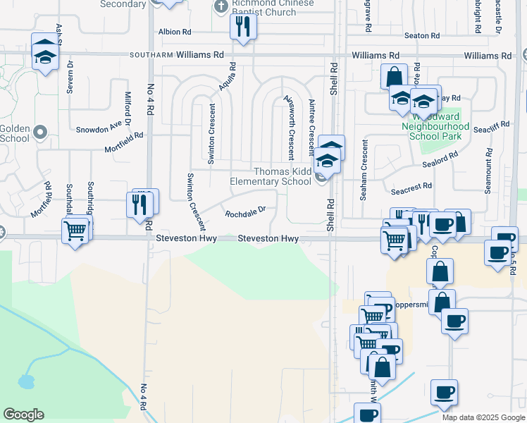 map of restaurants, bars, coffee shops, grocery stores, and more near 10800 Rochdale Drive in Richmond