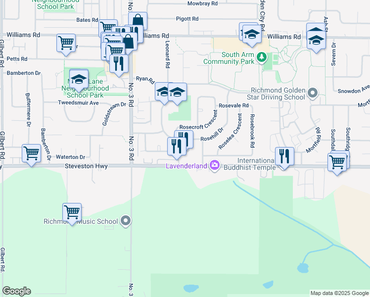 map of restaurants, bars, coffee shops, grocery stores, and more near 8431 Rosebank Crescent in Richmond