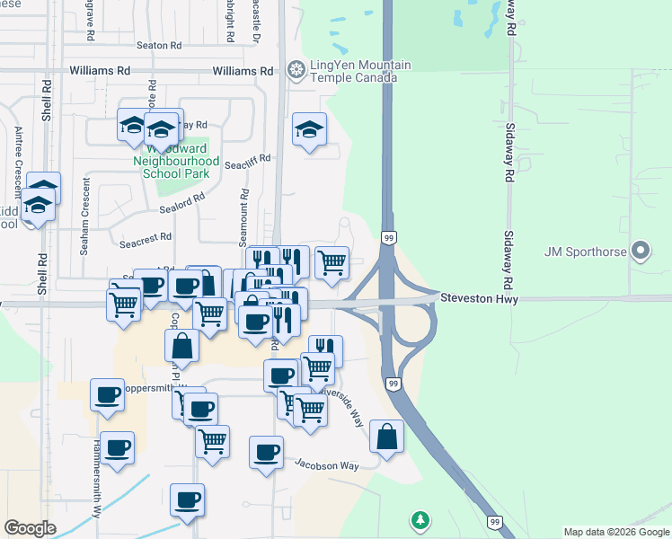 map of restaurants, bars, coffee shops, grocery stores, and more near 10788 Number 5 Road in Richmond