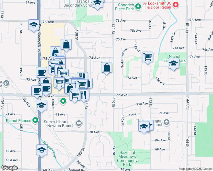map of restaurants, bars, coffee shops, grocery stores, and more near 13963 72 Avenue in Surrey