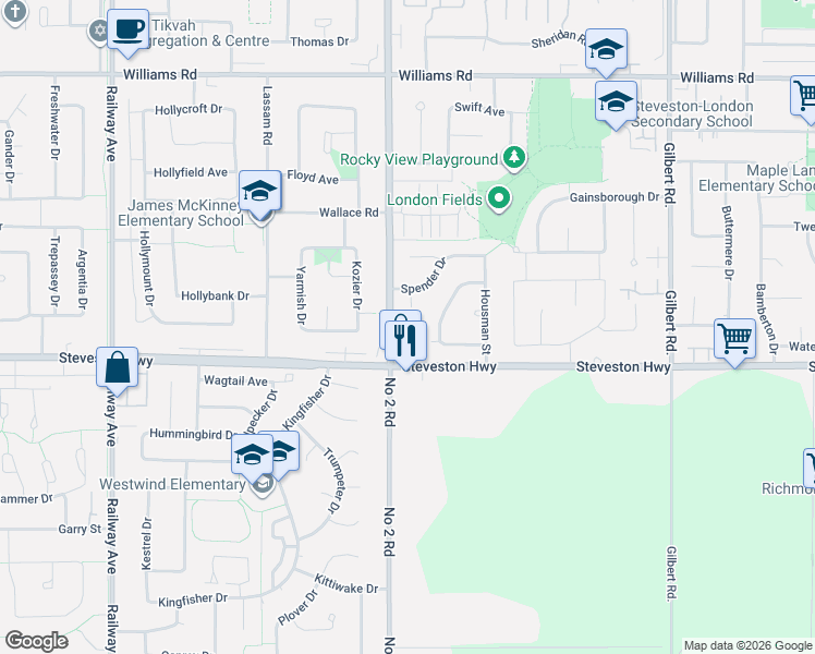 map of restaurants, bars, coffee shops, grocery stores, and more near 10900 Number 2 Road in Richmond
