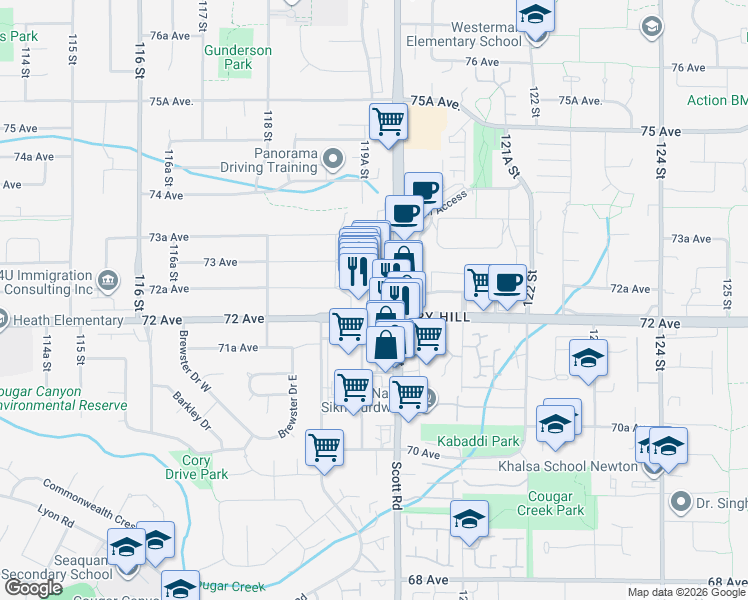 map of restaurants, bars, coffee shops, grocery stores, and more near 7227 120 Street in Delta