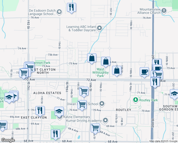 map of restaurants, bars, coffee shops, grocery stores, and more near 7251 196 Street in Surrey