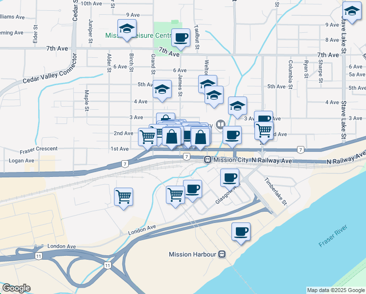 map of restaurants, bars, coffee shops, grocery stores, and more near 33103 1st Avenue in Mission