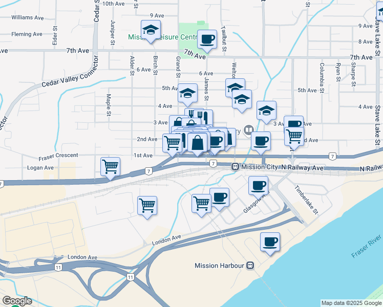 map of restaurants, bars, coffee shops, grocery stores, and more near 33042 1 Avenue in Mission