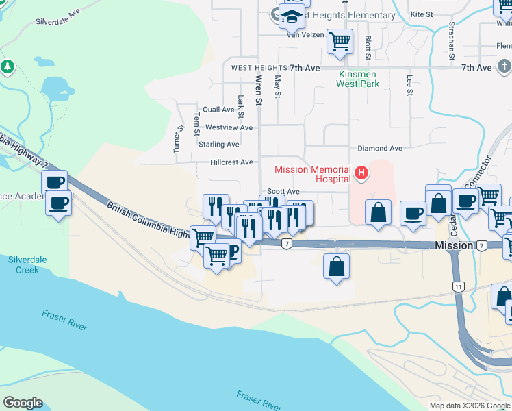 map of restaurants, bars, coffee shops, grocery stores, and more near 7291 Wren Street in Mission