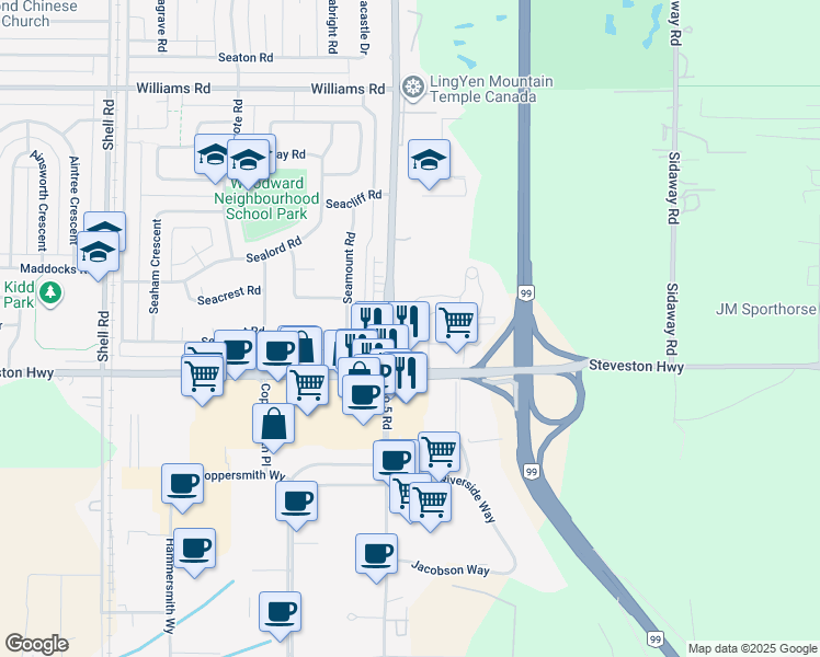 map of restaurants, bars, coffee shops, grocery stores, and more near 12011 Steveston Highway in Richmond