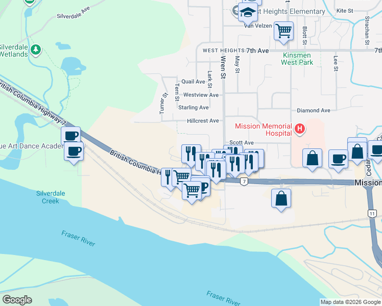 map of restaurants, bars, coffee shops, grocery stores, and more near 31896 Raven Avenue in Mission