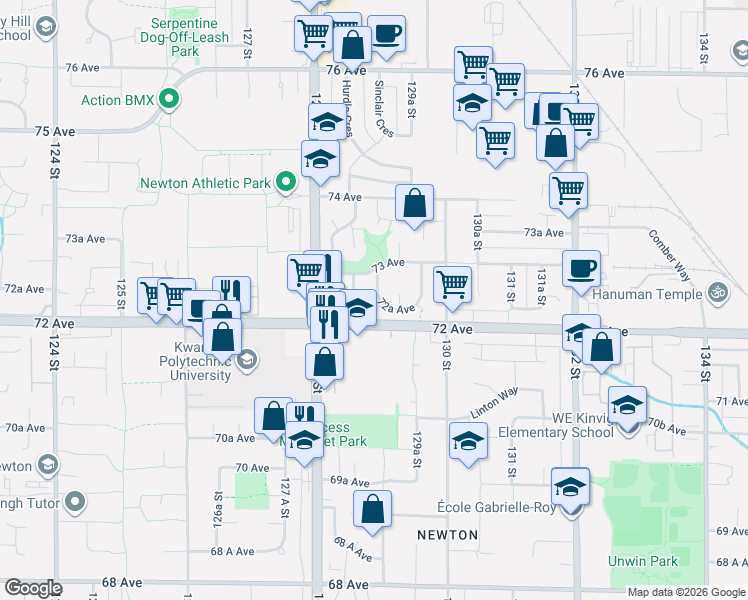 map of restaurants, bars, coffee shops, grocery stores, and more near 12902 72A Avenue in Surrey