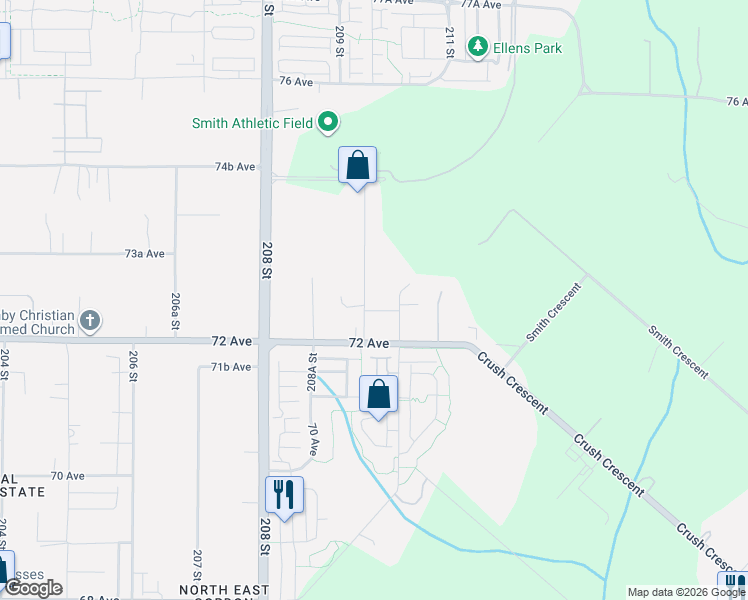 map of restaurants, bars, coffee shops, grocery stores, and more near 7262 209A Street in Langley