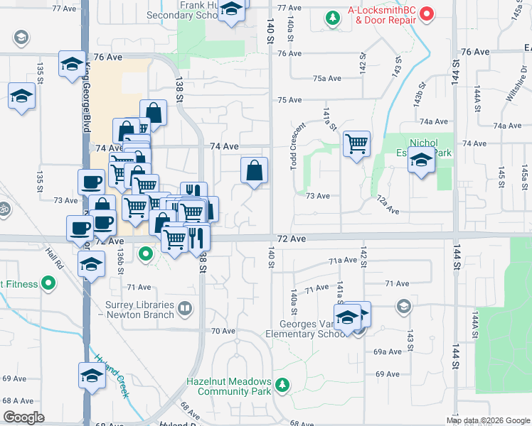 map of restaurants, bars, coffee shops, grocery stores, and more near 7247 140 Street in Surrey