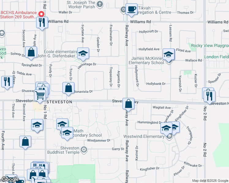 map of restaurants, bars, coffee shops, grocery stores, and more near 4808 Bonavista Drive in Richmond
