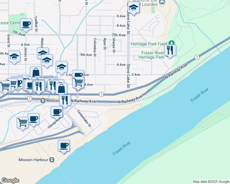 map of restaurants, bars, coffee shops, grocery stores, and more near 33583 1 Avenue in Mission
