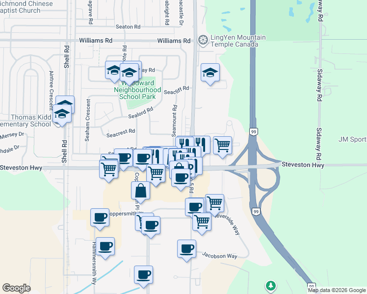 map of restaurants, bars, coffee shops, grocery stores, and more near 10711 Number 5 Road in Richmond