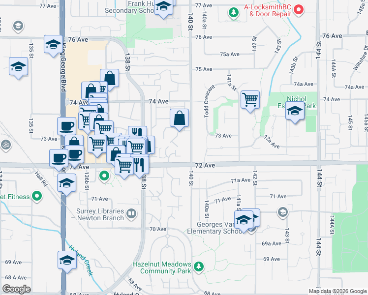 map of restaurants, bars, coffee shops, grocery stores, and more near 7247 140 Street in Surrey
