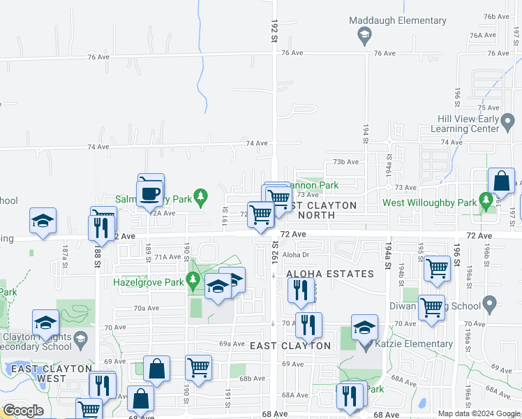 map of restaurants, bars, coffee shops, grocery stores, and more near 19128 72A Avenue in Surrey