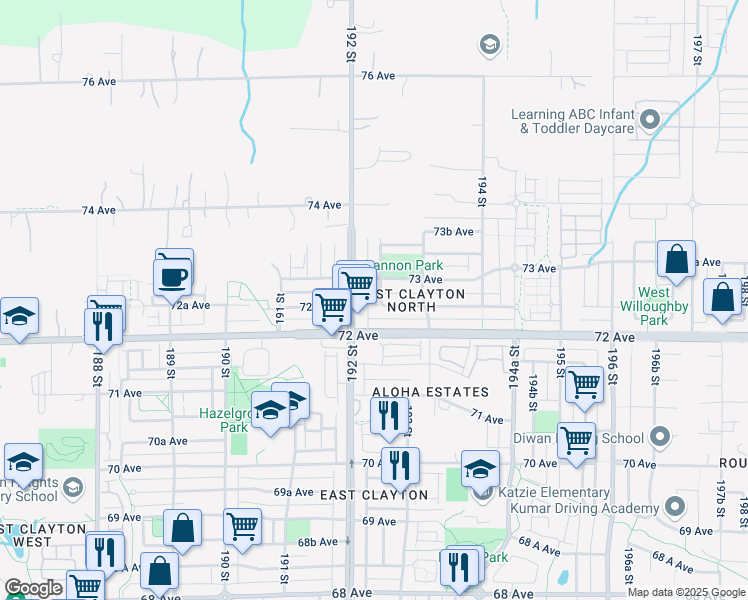 map of restaurants, bars, coffee shops, grocery stores, and more near 7265 192A Street in Surrey