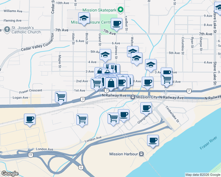 map of restaurants, bars, coffee shops, grocery stores, and more near 33065 1st Avenue in Mission
