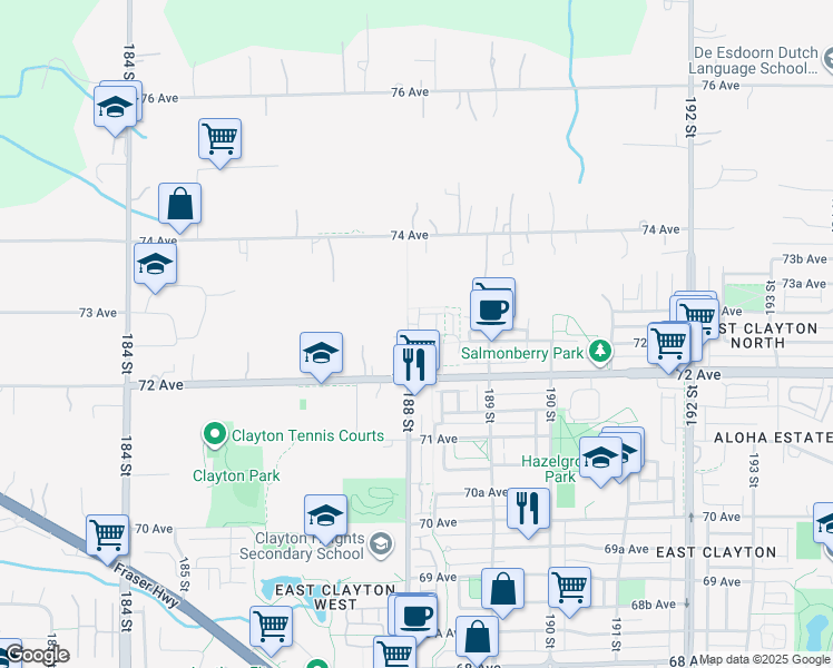 map of restaurants, bars, coffee shops, grocery stores, and more near 7288 188 Street in Surrey