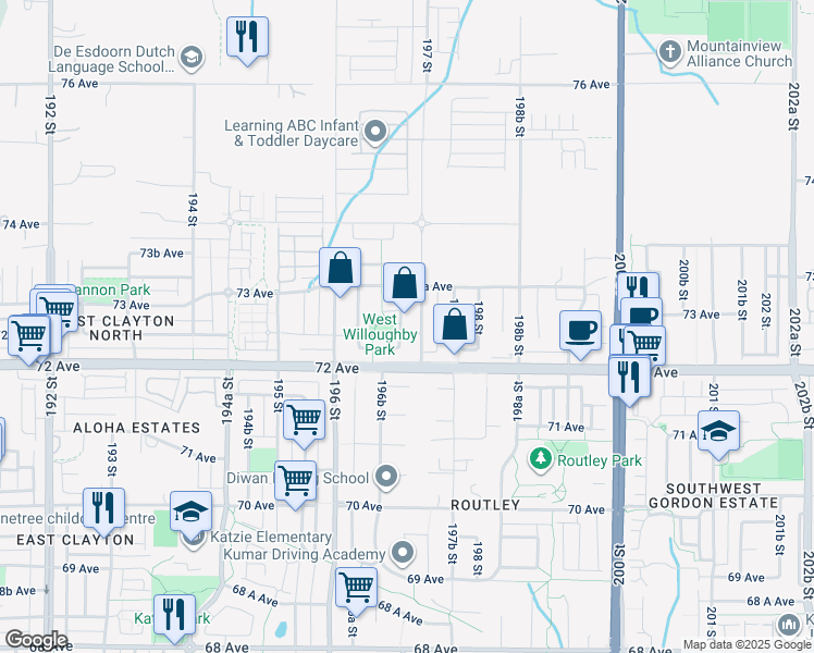map of restaurants, bars, coffee shops, grocery stores, and more near 7220 197 Street in Langley