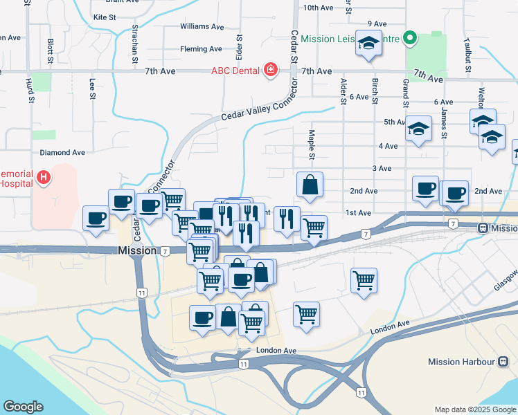 map of restaurants, bars, coffee shops, grocery stores, and more near 32729 Fraser Crescent in Mission