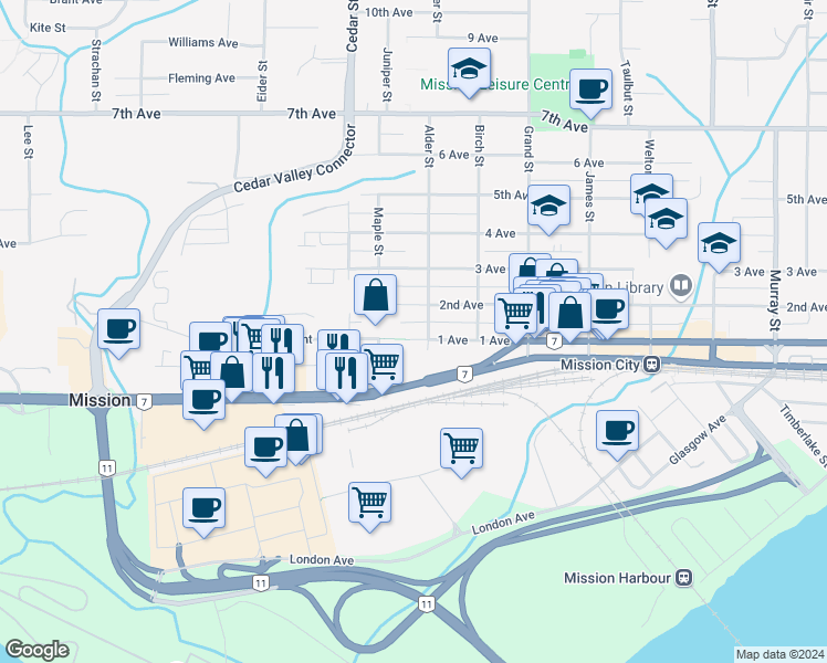 map of restaurants, bars, coffee shops, grocery stores, and more near 32881 1 Avenue in Mission