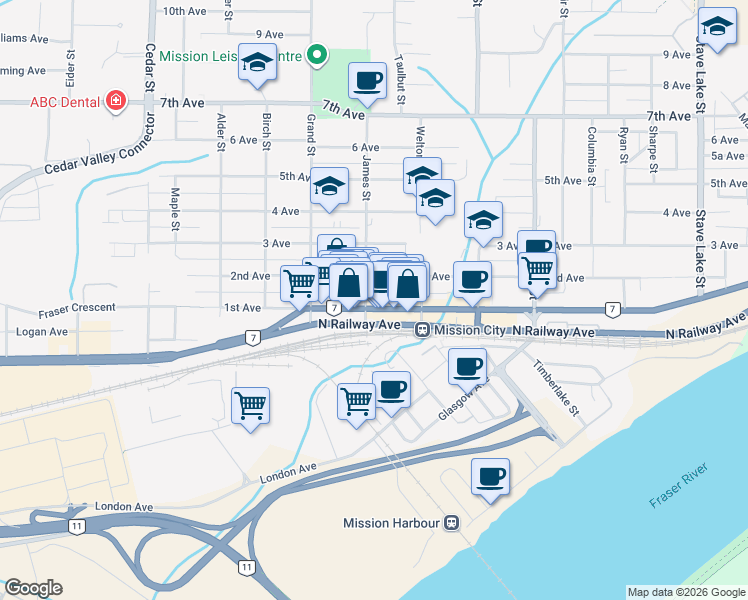 map of restaurants, bars, coffee shops, grocery stores, and more near 33121 Lougheed Highway in Mission