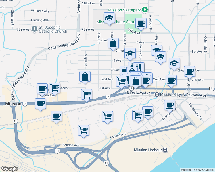 map of restaurants, bars, coffee shops, grocery stores, and more near 32944 1 Avenue in Mission