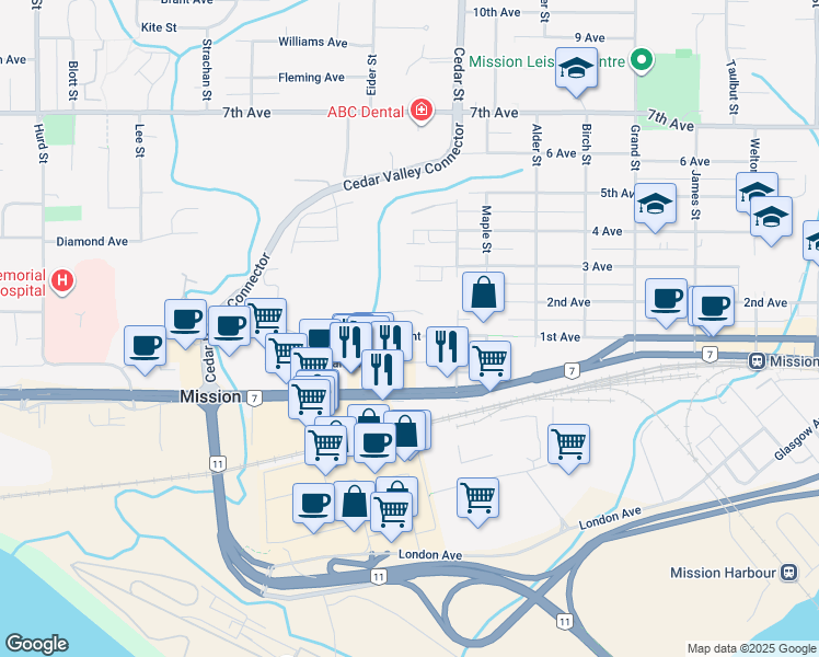 map of restaurants, bars, coffee shops, grocery stores, and more near 32739 Fraser Crescent in Mission