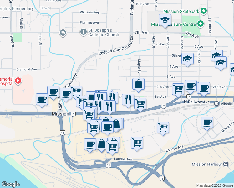 map of restaurants, bars, coffee shops, grocery stores, and more near in Mission