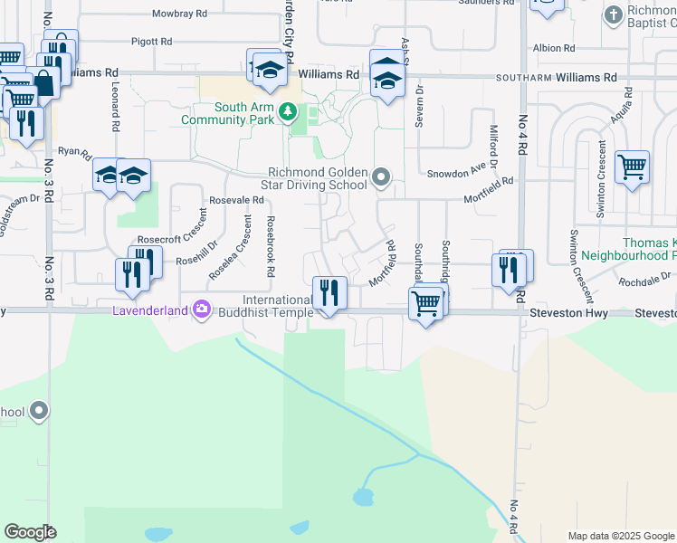 map of restaurants, bars, coffee shops, grocery stores, and more near 10780 Ryan Road in Richmond