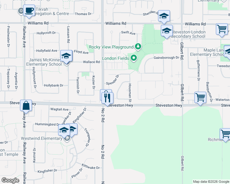 map of restaurants, bars, coffee shops, grocery stores, and more near 6320 Yeats Crescent in Richmond