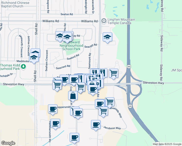 map of restaurants, bars, coffee shops, grocery stores, and more near 10900 Seamount Road in Richmond