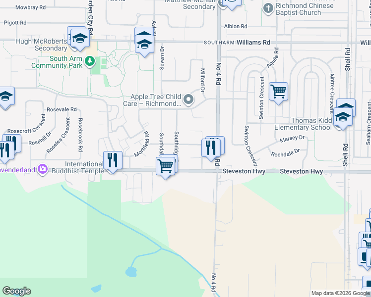 map of restaurants, bars, coffee shops, grocery stores, and more near 9820 Berry Road in Richmond
