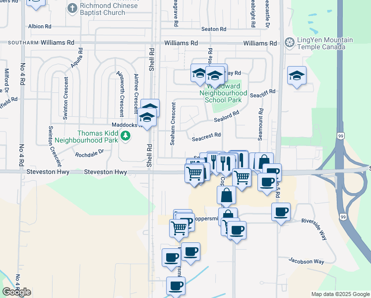 map of restaurants, bars, coffee shops, grocery stores, and more near 10700 Seaward Court in Richmond