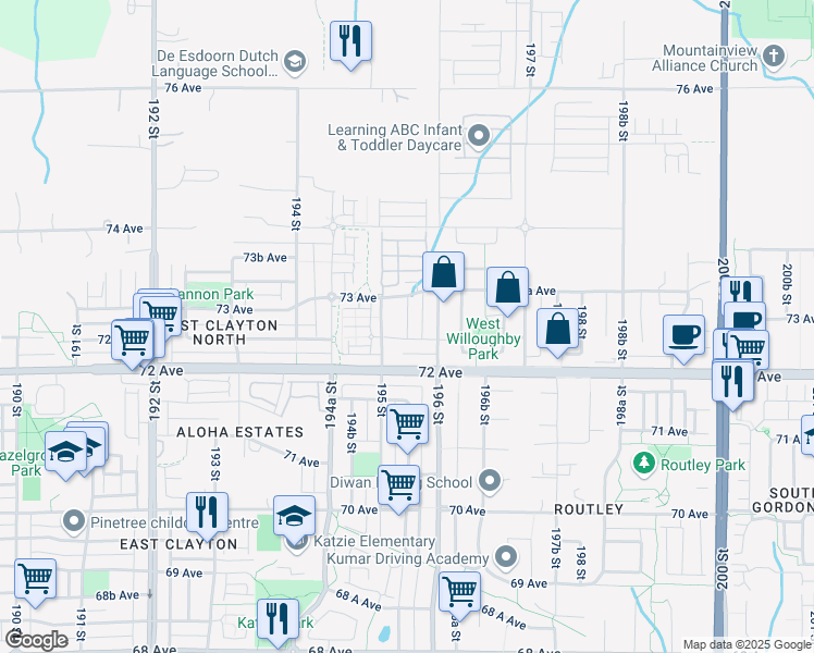 map of restaurants, bars, coffee shops, grocery stores, and more near 7260 195A Street in Surrey