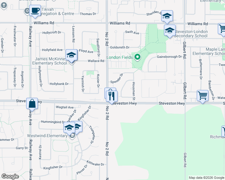 map of restaurants, bars, coffee shops, grocery stores, and more near 10831 Spender Court in Richmond