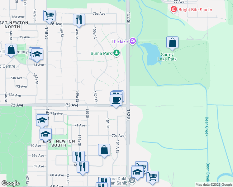 map of restaurants, bars, coffee shops, grocery stores, and more near in Surrey