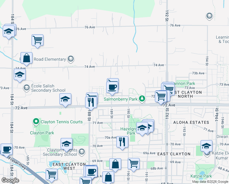 map of restaurants, bars, coffee shops, grocery stores, and more near 18983 72A Avenue in Surrey