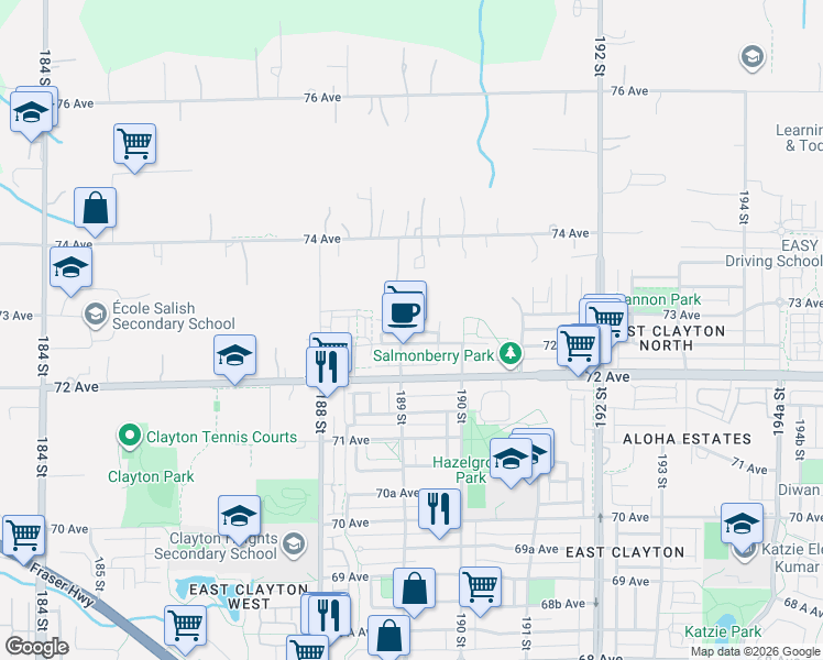 map of restaurants, bars, coffee shops, grocery stores, and more near 18983 72A Avenue in Surrey
