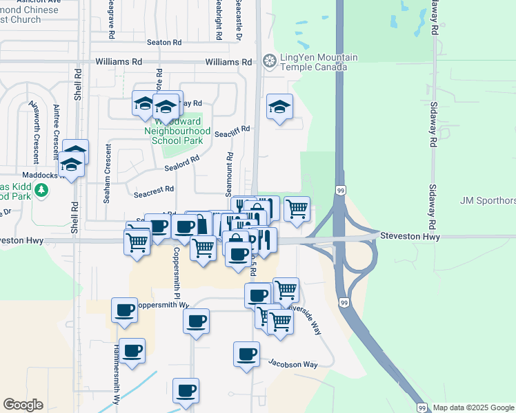 map of restaurants, bars, coffee shops, grocery stores, and more near 10620 Number 5 Road in Richmond