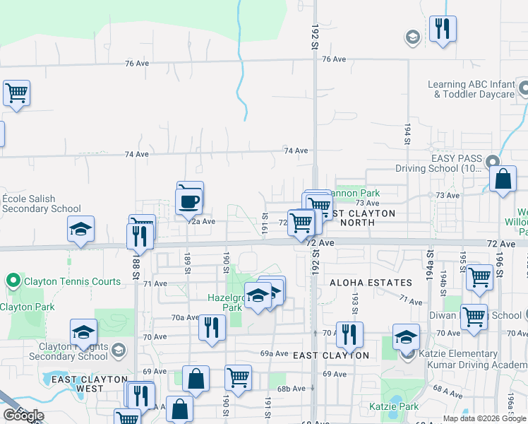 map of restaurants, bars, coffee shops, grocery stores, and more near 7309 191 Street in Surrey