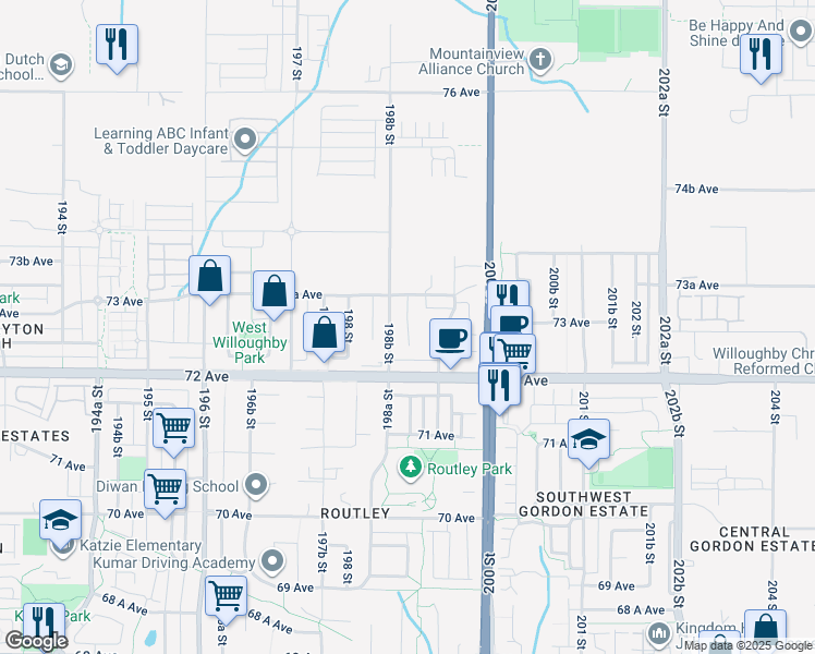 map of restaurants, bars, coffee shops, grocery stores, and more near 7268 199 Street in Langley