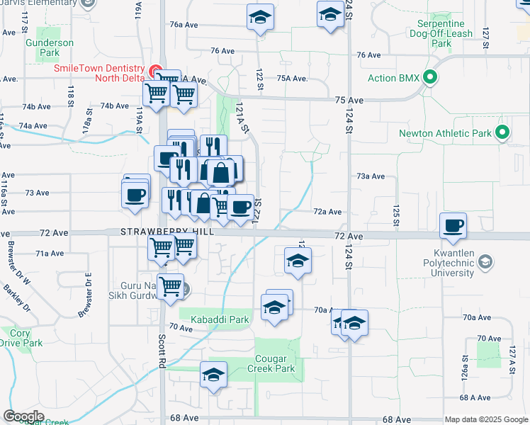 map of restaurants, bars, coffee shops, grocery stores, and more near 7250 122 Street in Surrey
