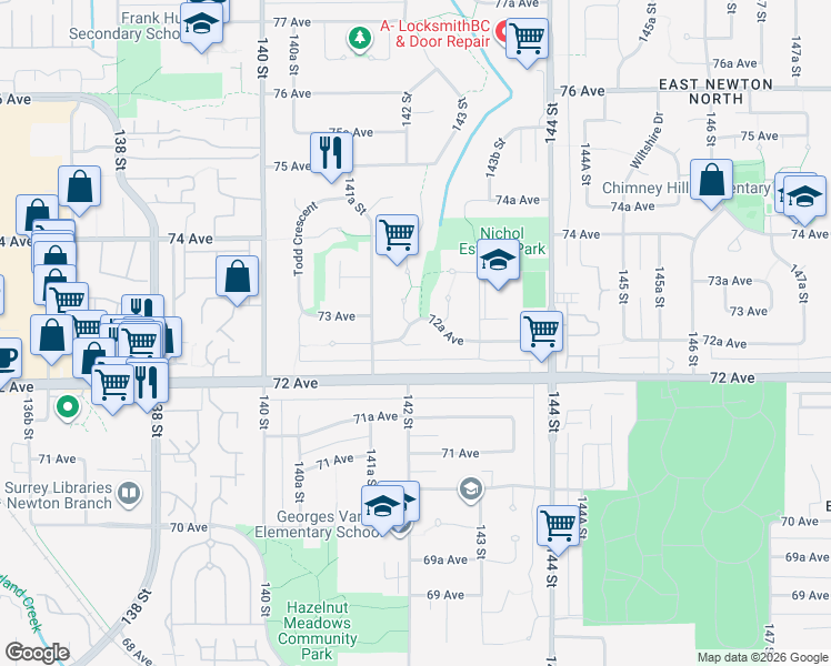 map of restaurants, bars, coffee shops, grocery stores, and more near 14230 72A Avenue in Surrey